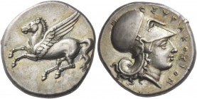 Syracuse. Corinthian stater, 344-337, AR 8.51 g. Pegasus flying l. Rev. ΣΥΡΑΚΟΣΙΩN Head of Athena r., wearing Corinthian helmet. SNG Lloyd 1442. SNG O...