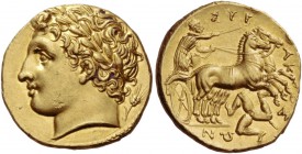 Syracuse. Decadrachm, circa 317-310, AV 4.30 g. Laureate head of Apollo l.; before chin, pellet and behind head, ear of barley. Rev. ΣΥΡ – ΑΚ – ΟΣΙ – ...