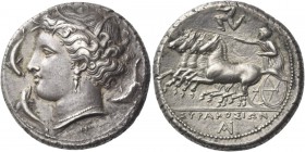 Syracuse. Tetradrachm, circa 317-310, AR 16.85 g. Head of Persephone l., wearing barley-wreath, earring with triple pendant and necklace; beneath neck...