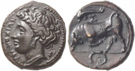 Syracuse. Bronze, circa 317-305, Æ 3.76 g. ΣΥΡΑΚΟΣΙΩN Head of Persephone l.; behind, cantharus. Rev. Bull butting l.; above, dolphin l. / Σ. In exergu...