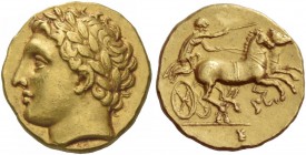 Syracuse. Decadrachm, circa 295-289, AV 2.81 g. Laureate head of Apollo l. Rev. Prancing biga r., driven by charioteer holding kentron and reins; belo...