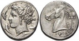 The Carthaginians in Sicily and in North Africa. Tetradrachm, uncertain mint in Sicily "people of the camp" circa 320, AR 17.09 g. Barley wreathed hea...