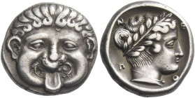 Neapolis. Drachm, late 5th to 4th century BC, AR 3.76 g. Gorgoneion head facing, with tongue protruding. Rev. Ν - Ε - Ο - Π Laureate head of Parthenos...