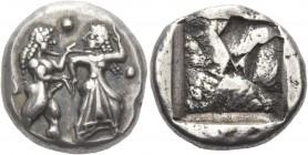 Thraco-Macedonian Tribes, Siris or Lete. Stater, circa 540-520, AR 10.04 g. Nude ithyphallic satyr grasping r. arm of nymph, trying to move away from ...
