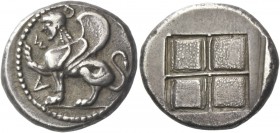 Islands of Thrace, Samothrace. Didrachm, circa 500-465, AR 6.35 g. ΣΑ retrograde and backwards Sphynx seated l., wearing plumed cap; she raises her r....