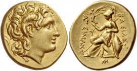 Kings of Thrace, Lysimachus 323 – 281. Stater, uncertain mint circa 297-281, AV 8.20 g. Diademed head of deified Alexander r., with the horn of Ammon....