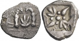 Islands off Thessaly, Skyros. Didrachm, circa 485-480, AR 8.67 g. Two goats, standing opposed vertically, back to back, with their heads turned inward...
