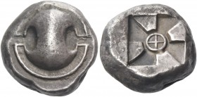 Boeotia, Thebes. Stater, circa 480-460, AR 12.23 g. Boiotian shield. Rev. Square incuse with anticlockwise mill-sail pattern; + in centre. Head, Boeot...