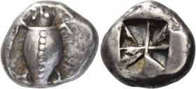 Aegina. Stater, circa 510-485, AR 12.14 g. Sea-turtle seen from above, with thin collar and dots running down the back. Rev. Union Jack pattern, incus...