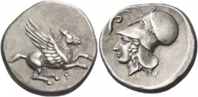 Corinthia, Corinth. Stater, circa 405-345, AR 8.23 g. Pegasus flying r.; below, koppa. Rev. Head of Athena l., wearing Corinthian helmet; above, to l....