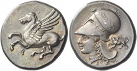 Corinthia, Corinth. Stater, circa 345-307, AR 8.58 g. Pegasus flying l.; below, koppa. Rev. Head of Athena l., wearing wreathed Corinthian helmet and ...