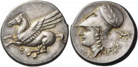 Corinthia, Corinth. Stater, circa 345-307, AR 8.53 g. Pegasus flying l.; below, koppa. Rev. Head of Athena l., wearing wreathed Corinthian helmet and ...