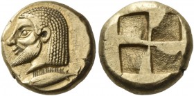Mysia, Cyzicus. Hecte, circa 550-500, EL 2.62 g. Bearded male head l., with long hair; beneath neck truncation, tunny fish l. Rev. Quadripartite incus...