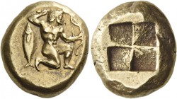 Mysia, Cyzicus. Stater, circa 500-475, EL 16.08 g. Heracles kneeling r., holding club over his head and bow; behind, tunny fish upright. Rev. Quadripa...