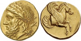 Lampsacus. Stater, circa 350, AV 7.90 g. Laureate head of Zeus l., with lotus-tipped sceptre on far shoulder. Rev. Forepart of Pegasus r.; all within ...