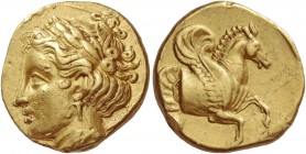 Lampsacus. Stater, circa 350, AV 8.37 g. Laureate head of Hekate l., hair rolled at back and gathered up into a knot on top of head, wearing earring a...