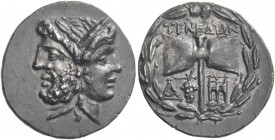 Islands off Troas, Tenedos. Drachm, after 189, AR 3.73 g. Janiform male and female heads, respectively laureate and diademed. Rev. ΤΕΝΕΔΙΩΝ Double axe...