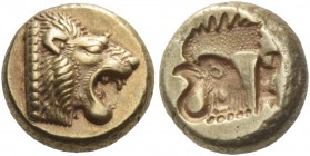 Lesbos, Mytilene. Hecte, circa 521-478, EL 2.34 g. Lion’s head r., with open jaws. Rev. Cockerel’s head l., incuse. de Luynes 2544. SNG Copenhagen 302...