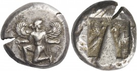 Caria, Caunus. Stater, circa 470-450, AR 11.47 g. Winged female figure running l., head r., holding kerykeion in r. hand and wreath in l. Rev. Baetyl ...