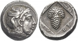 Cilicia, Soloi. Stater, circa 410-375, AR 10.64 g. Head of Athena r., wearing Attic helmet decorated with griffin. Rev. ΣO – ΛE – [ΩN] Grape bunch wit...