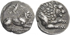 Cyprus, Amathus, King Zotimos (?), circa 385 – 380. Stater or didrachm, AR 6.49 g. Lion recumbent r.; above, eagle, with spread wings, flying r.; in e...