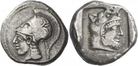 Lapethus, Uncertain King. Stater, circa 425, AR 10.93 g. Head of Athena l., wearing crested Corinthian helmet decorated with a floral motif on the bow...