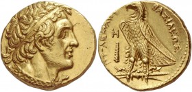 Ptolemy II Philadelphos, 285 – 246. Pentadrachm, Alexandria circa 285-272, AV 17.72 g. Diademed bust of Ptolemy I r., with aegis. Rev. ΠTOΛEMAIOY – ΒΑ...