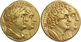 Ptolemy II Philadelphos, 285 – 246. Octodrachm, Alexandria after 265 BC, AV 27.74 g. ΑΔΕΛΦΩΝ Jugate busts r. of Ptolemy II, draped and diademed and, A...