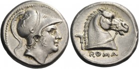 Didrachm, circa 241-235, AR 6.68 g. Helmeted head of beardless Mars r., bowl decorated with griffin. Rev. ROMA Bridled horse’s head r.; behind, sickle...
