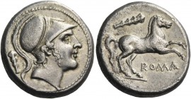 Didrachm, circa 230-226, AR 6.63 g. Helmeted head of beardless Mars r.; behind, club. Rev. Horse galloping r.; above, club. Below, ROMA. Sydenham 23. ...