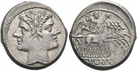 Quadrigatus, circa 225-212, AR 6.85 g. Laureate Janiform head of Dioscuri. Rev. Jupiter in quadriga r. driven by Victory; in exergue, ROMA in relief i...