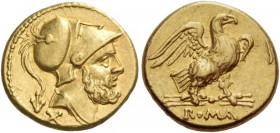 Anonymous 60 Asses, circa 211-207, AV 3.33 g. Bearded and draped head of Mars r., wearing Corinthian helmet; in l. field, mark of value, âX. Rev. Eagl...