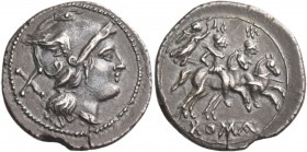 Denarius, Central Italy circa 211-208, AR 3.64 g. Helmeted head of Roma r.; behind, X. Rev. Dioscuri galloping r.; behind, Victory with wreath. Below,...