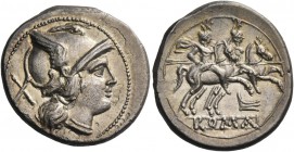 Denarius, Central Italy circa 211-208, AR 4.17 g. Helmeted head of Roma r.; behind, X. Rev. The Dioscuri galloping r.; below, rostrum tridens and ROMA...