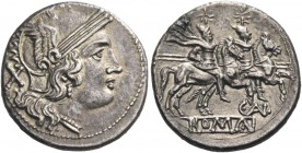 Denarius, Sicily circa 209-208, AR 3.88 g. Helmeted head of Roma r.; behind, X. Rev. The Dioscuri galloping r.; below, C·AL and ROMA in linear frame. ...