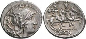 Denarius, Sicily circa 209-208, AR 4.49 g. Helmeted head of Roma r.; behind, X. Rev. The Dioscuri galloping r.; below, staff and ROMA in linear frame....