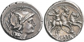 Denarius, Sicily (?) circa 209-208, AR 4.29 g. Helmeted head of Roma r.; behind, X. Rev. The Dioscuri galloping r.; below, dolphin to r. and ROMA in l...