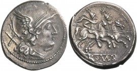 Denarius, Sicily (?) circa 209-208, AR 4.73 g. Helmeted head of Roma r.; behind, X. Rev. The Dioscuri galloping r.; below, ROMA in linear frame. Syden...