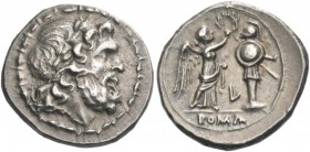 Victoriatus, Luceria circa 214-212, AR 3.91 g. Laureate head of Jupiter r. Rev. Victory crowning trophy; in lower field, L and in exergue, ROMA. Syden...