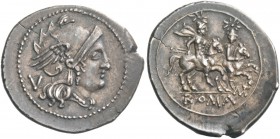 Quinarius, Apulia 211-210, AR 2.34 g. Helmeted head of Roma r., curl on l. shoulder; behind, V. Rev. The Dioscuri galloping r.; below, MT ligate and i...