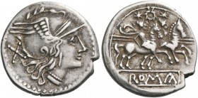 Denarius, Central Italy (?) circa 211-208, AR 4.08 g. Helmeted head of Roma r.; behind, X. Rev. The Dioscuri galloping r.; above, wreath and below, RO...