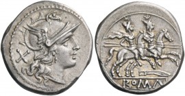 Denarius, circa 206-195, AR 4.06 g. Helmeted head of Roma r.; behind, X. Rev. The Dioscuri galloping r.; below, knife and ROMA in partial tablet. Syde...