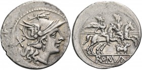 Denarius, circa 206-195, AR 3.27 g. Helmeted head of Roma r.; behind, X. Rev. The Dioscuri galloping r.; below, dog r. In exergue, ROMA in linear fram...