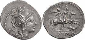 Denarius, uncertain mint circa 206-200, AR 4.05 g. Helmeted head of Roma r.; behind, X. Rev. The Dioscuri galloping r.; below horses, shield and carny...