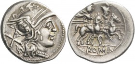 Denarius, uncertain mint circa 199-170, AR 4.33 g. Helmeted head of Roma r.; behind, X. Rev. The Dioscuri galloping r; below, ear and in exergue, ROMA...