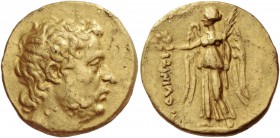 Ti. Quinctius Flamininus. Stater, Chalkis (?) circa 196, AV 8.45 g. Bare head of Titus Quinctius Flamininus r. Rev. Nike, standing l., holding palm br...