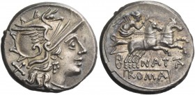 Denarius 149, AR 4.07 g. Helmeted head of Roma r.; behind, X. Rev. Victory in biga prancing r.; below, NATTA and ROMA in partial tablet. Babelon Pinar...