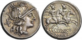 C. Iunius C. f. Denarius 149, AR 3.87 g. Helmeted head of Roma r., behind, X. Rev. The Dioscuri galloping r.; below horses, C·IVNI·C·F and ROMA in par...