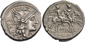Denarius 148, AR 3.99 g. Helmeted head of Roma r., behind, SARAN (downwards) and below chin, X. Rev. The Dioscuri galloping r.; below horses, M·ATIL a...