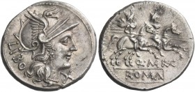 Q. Marcius Libo. Denarius 148, AR 3.84 g. Helmeted head of Roma r., behind, LIBO and below chin, X. Rev. The Dioscuri galloping r.; below horses, Q·MA...